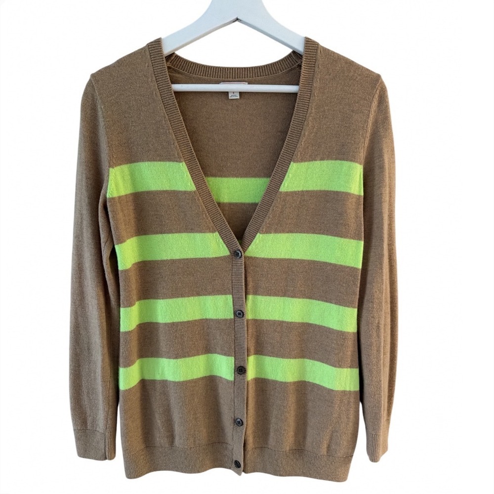 Gap Bella Cardigan Sweater Womens Small Tan Neon Green Striped Wool Blend 604237